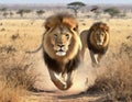 A lion pride hunting prey through the dry savanna towards the camera, beautiful male lion Royalty Free Stock Photo