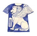 Lion print t-shirt. Blue watercolor drawing,