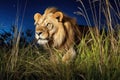 a lion prowling in the moonlit grasslands