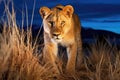 a lion prowling in the moonlit grasslands