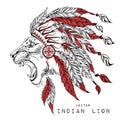 Lion in the red Indian roach. Indian feather headdress of eagle Royalty Free Stock Photo