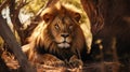 Lion rests in the shade of trees, majestically surveying his territory Royalty Free Stock Photo