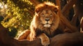 Lion rests in the shade of trees, majestically surveying his territory Royalty Free Stock Photo