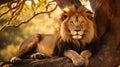 Lion rests in the shade of trees, majestically surveying his territory Royalty Free Stock Photo