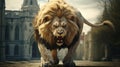 Intense Photorealistic Rendering Of An Angry Lion In A City Building