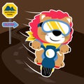 Lion riding motorcycle, vector cartoon illustration