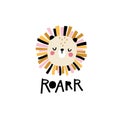Lion. Roar. Cute face of an animal with lettering. Childish print for nursery in a Scandinavian style. Ideal for baby posters,