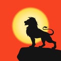 Lion on a rock - black silhouette on background of the sunset. African Safari. Vector.