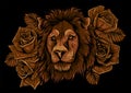 Lion with roses on black background. Vector illustration