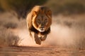 Lion running in the Kalahari desert, South Africa.
