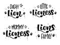 Lion`s Family set of hand draw calligraphy script lettering whith dots, splashes and whiskers decore Royalty Free Stock Photo