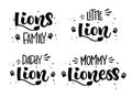 Lion`s Family set of hand draw calligraphy script lettering whith dots, splashes and whiskers decore Royalty Free Stock Photo