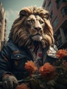 Lion\'s Gentle Side: A Powerful Lion Holding Flowers with Grace