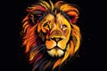 a lion\'s head with a black background and a splash of paint on the side of the face and the head of the lion