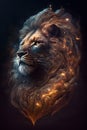 A lion\'s head connected to a galactic nebula. A lion on a black background