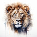 Moody Lion Head Watercolor Painting - Detailed Illustration In Spray Painted Realism