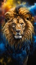 Lion's head is painted in way that makes it look like it is covered in flowing hair or mane. Generative AI