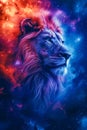 Lion's head is shown in front of purple and blue nebula creating artistic and striking visual effect. Generative AI Royalty Free Stock Photo