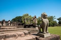 Lion sandstone statue in Phimai historical park and ancient castle in Nakhon Ratchasima, Thailand