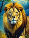 A lion on the savannah depicted in a painterly style