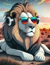 A lion on the savannah listening to headphones.