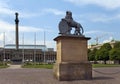 Lion sculpture with crest in front of the main entrance of the New Castle Neues Schloss in Germany, Stuttgart