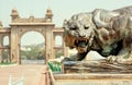 Lion sculpture like a guard of royal royal Palace of Mysore. Landmark of Karnataka state, India Royalty Free Stock Photo