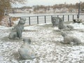 Lion sculptures along Narva river on a cold winter day in Estonia