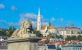 Lion sculptures of the Chain Bridge with the view of Budapest