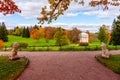 Lion sculptures and Temple of friendship in Pavlovsky park in autumn, Pavlovsk, Saint Petersburg, Russia