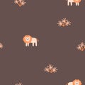 Lion seamless minimalistic pattern with palm trees. Cute cartoon characters on a brown background. Hand-drawn