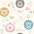 Lion seamless pattern, cartoon style