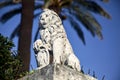 Lion shaped capital with palms and a clear sky as background