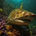 lion shark muzzle with jaws with sharp serrated teeth, intelligent expressive eyes with penetrating glance, the underwater kingdom Royalty Free Stock Photo