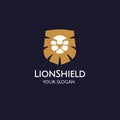 Lion shield logo design template, elegant lion head vector illustration on a dark background