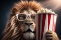 The lion sits in 3D glasses in the cinema hall, eats popcorn.Photorealistic image created by artificial intelligence