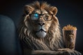The lion sits in 3D glasses in the cinema hall, eats popcorn.Photorealistic image created by artificial intelligence