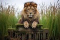 a lion sitting on a throne made of stacked rocks in a field of tall grass