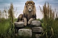 a lion sitting on a throne made of stacked rocks in a field of tall grass