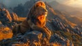a lion is sitting on top of a rock in the mountains Royalty Free Stock Photo
