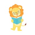 Lion Smiling Bookworm Zoo Character Wearing Glasses And Reading A Book Cartoon Illustration Part Of Animals In Library Royalty Free Stock Photo