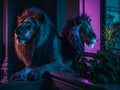 The lion lies near the house at night. created by AI