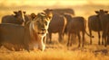 A lion standing in front of a herd of cattle. AI generative image.