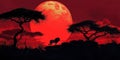 Lion is standing in front of a large red moon in a dark forest Royalty Free Stock Photo
