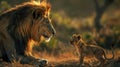 a lion standing protectively in front of his baby, nestled safely underneath, symbolizing strength, love, and familial