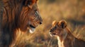 a lion standing protectively in front of his baby, nestled safely underneath, symbolizing strength, love, and familial