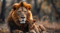 a lion standing protectively in front of his baby, nestled safely underneath, symbolizing strength, love, and familial