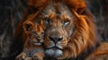 a lion standing protectively in front of his baby, nestled safely underneath, symbolizing strength, love, and familial