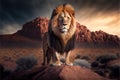 a lion standing on a rock in the desert with a mountain in the background and a cloudy sky above Royalty Free Stock Photo