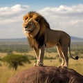 Lion standing in a savannah on a beautiful sunny day. Created using ai generated.